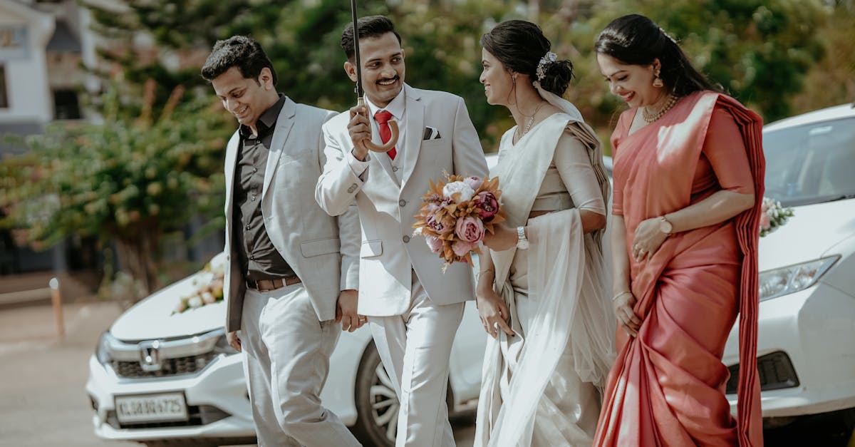 Bride and Groom Walking Together with the Bridesmaid and Best Man 